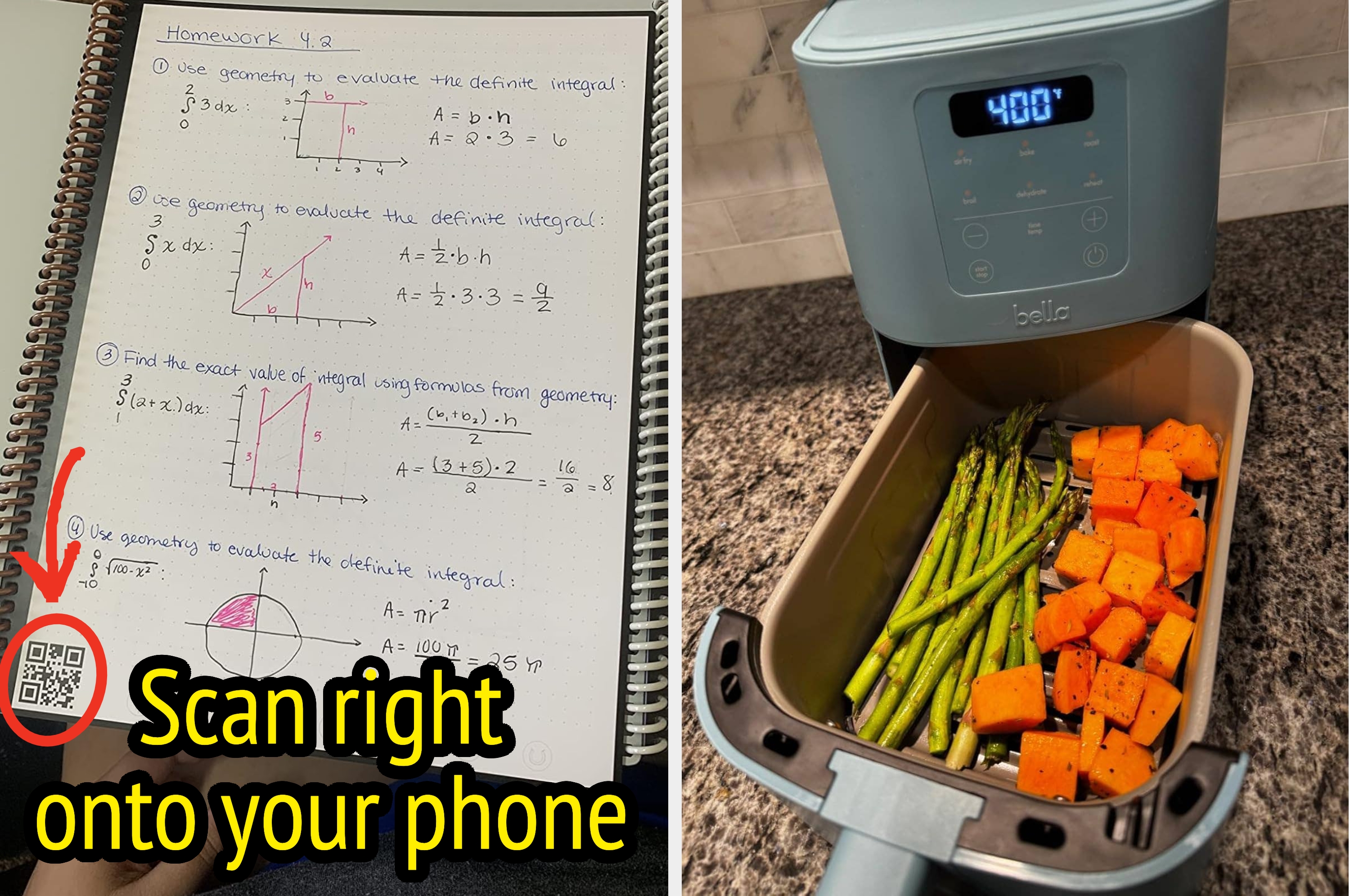 Notebook with math problems and a QR code next to an air fryer with vegetables. Text: "Scan right onto your phone."