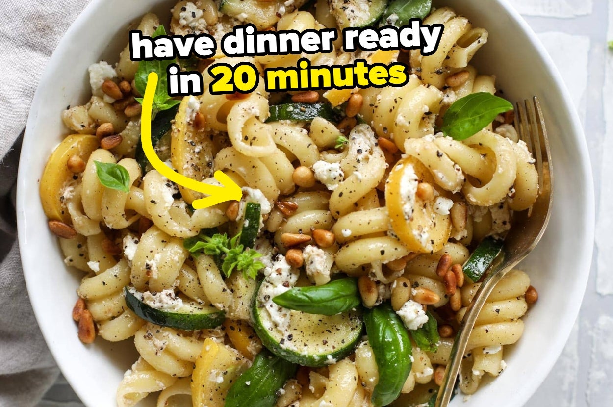 A bowl of pasta with zucchini, goat cheese, pine nuts, and basil. Text overlay reads, "have dinner ready in 20 minutes" with an arrow pointing to the time