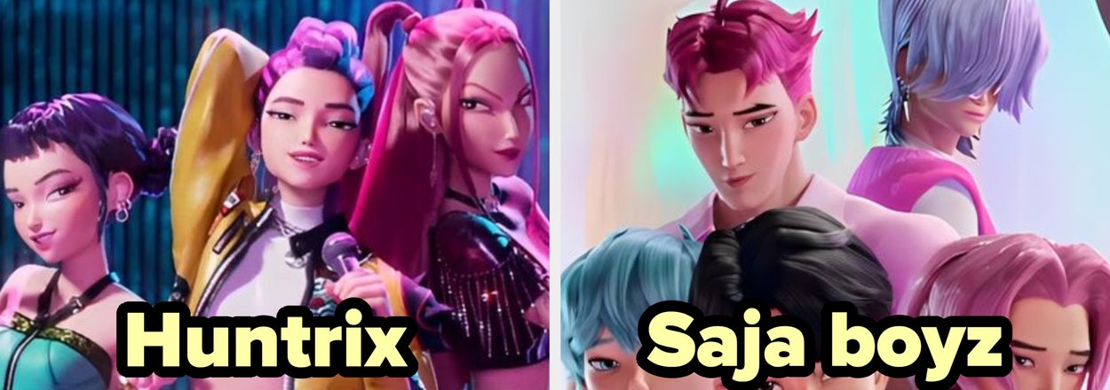 Grupo ficticio Huntrix con atuendos futuristas y Saja Boys con estilo contemporáneo, ambos posando en un ambiente animado