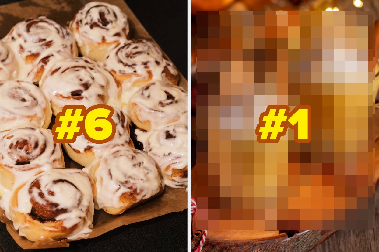 Cinnamon rolls with icing are shown next to a blurred image with a number ranking overlay