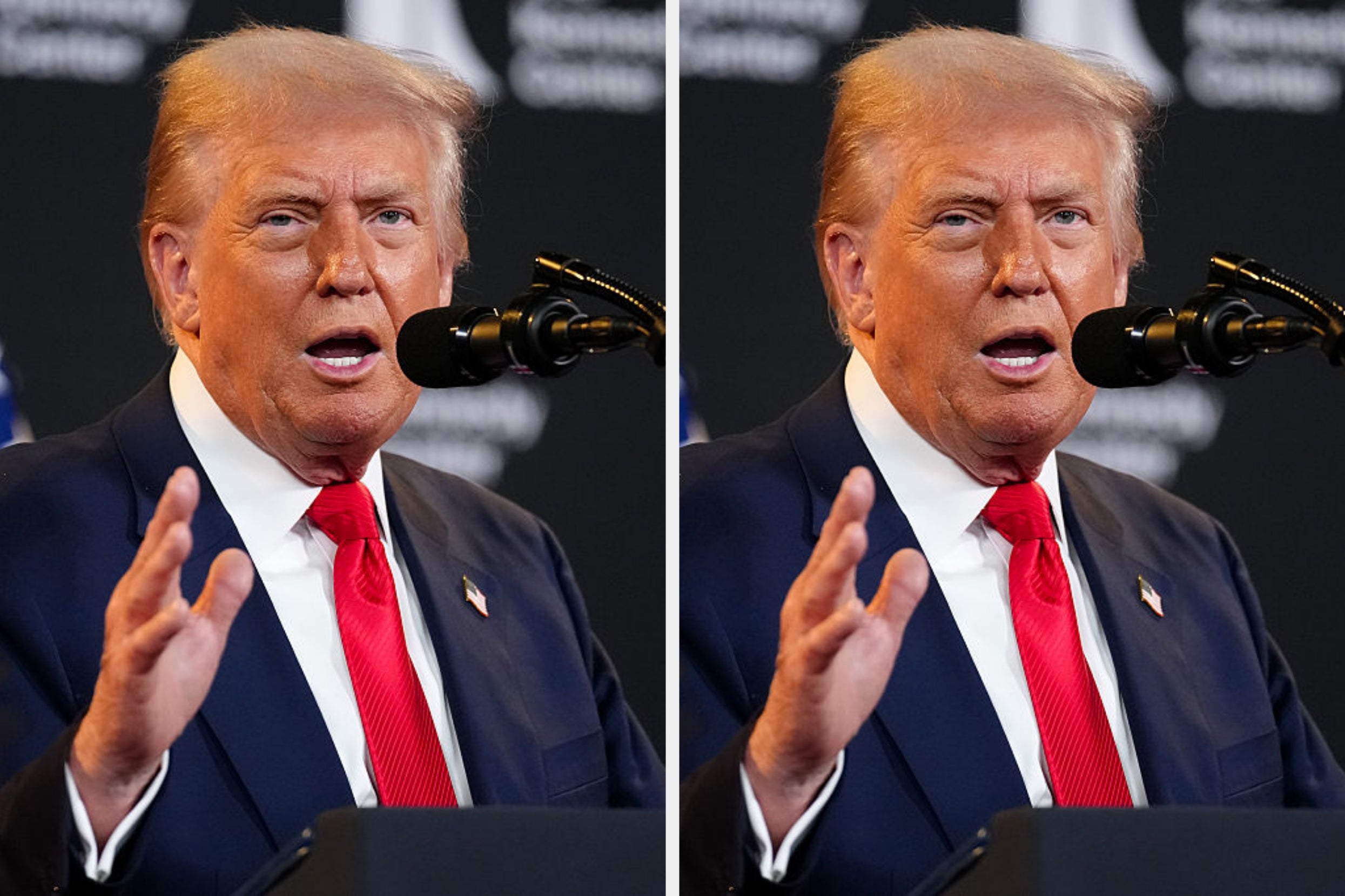 Two side-by-side images of trump speaking at a podium. He wears a dark suit with a red tie and a U.S. flag pin