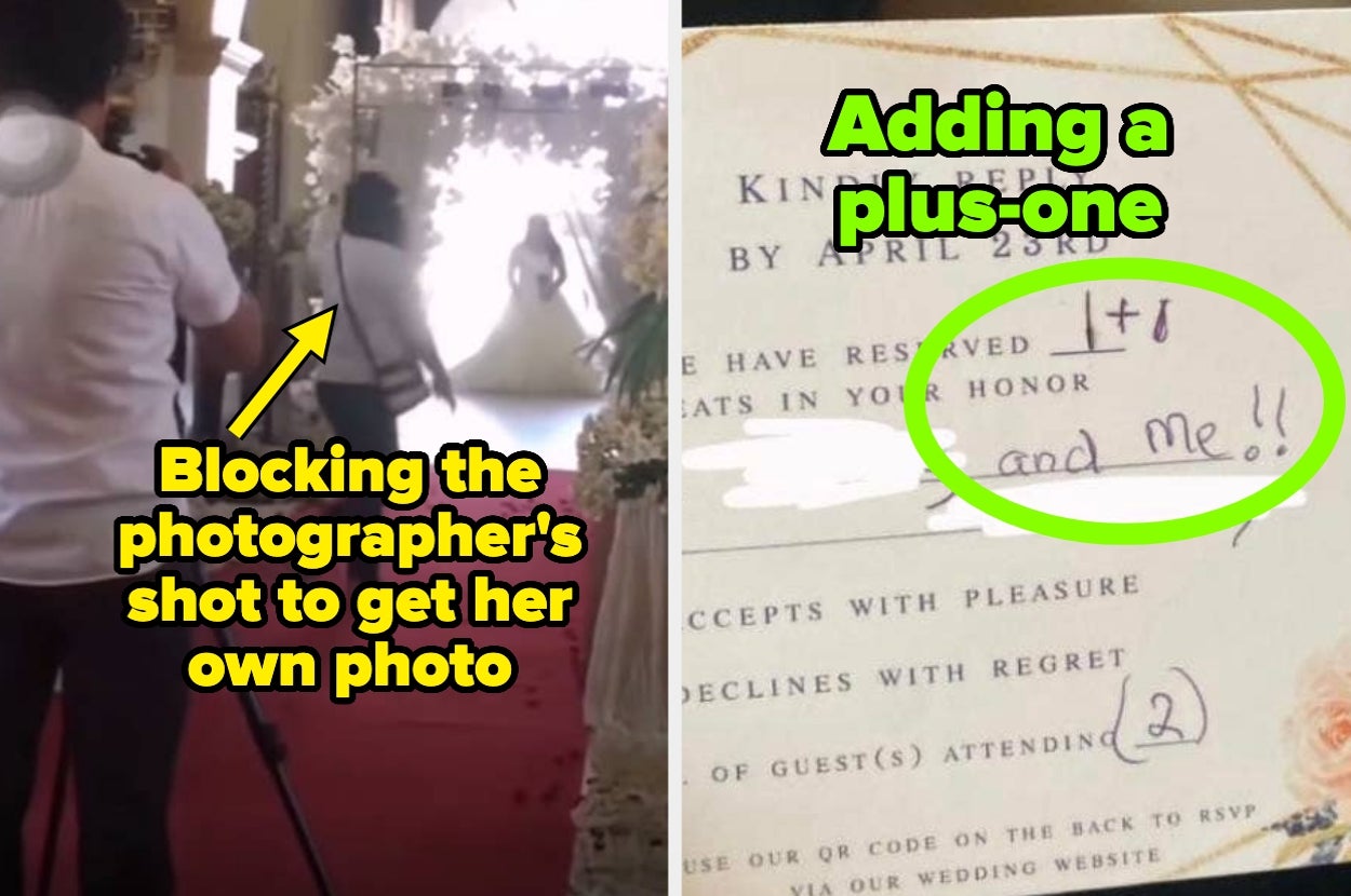 woman blocking the photographer's shot to get her own photo of the bride walking down the aisle and an invite with "1+1" and "(name) and me!!" written in captioned "adding a plus-one"