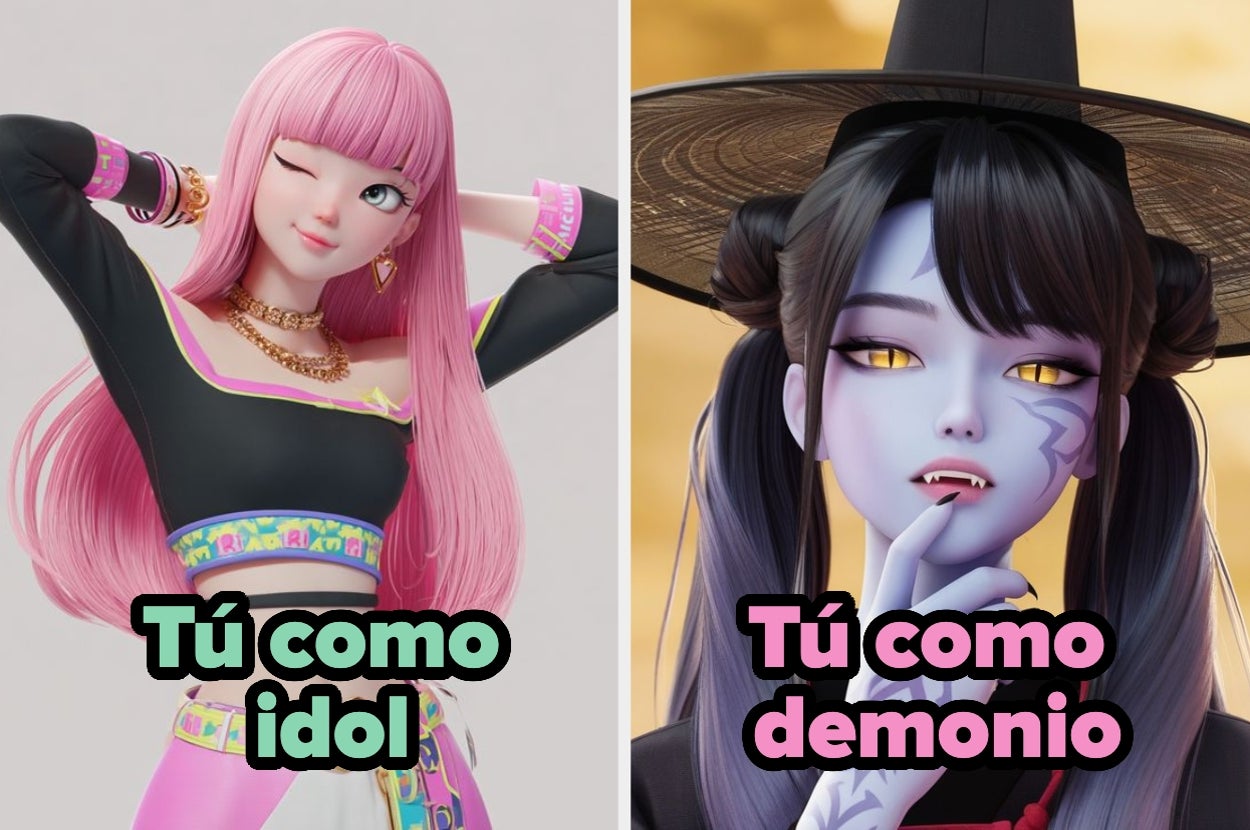 Split image: Left shows a pop idol with pink hair winking; right shows a demon with purple skin and yellow eyes. Text: "Tú como idol," "Tú como demonio."