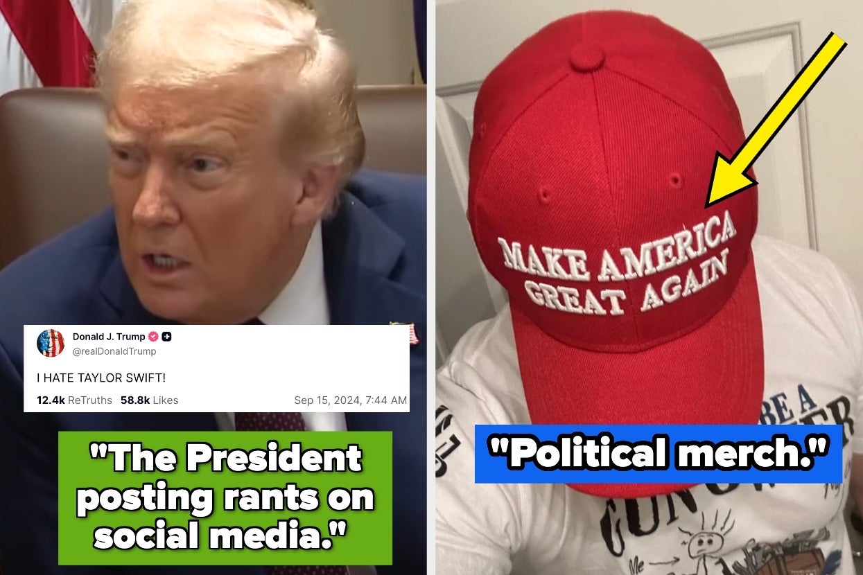 Split image: Left shows a man in a suit looking upset, captioned about social media rants. Right shows a red "Make America Great Again" hat, labeled political merchandise