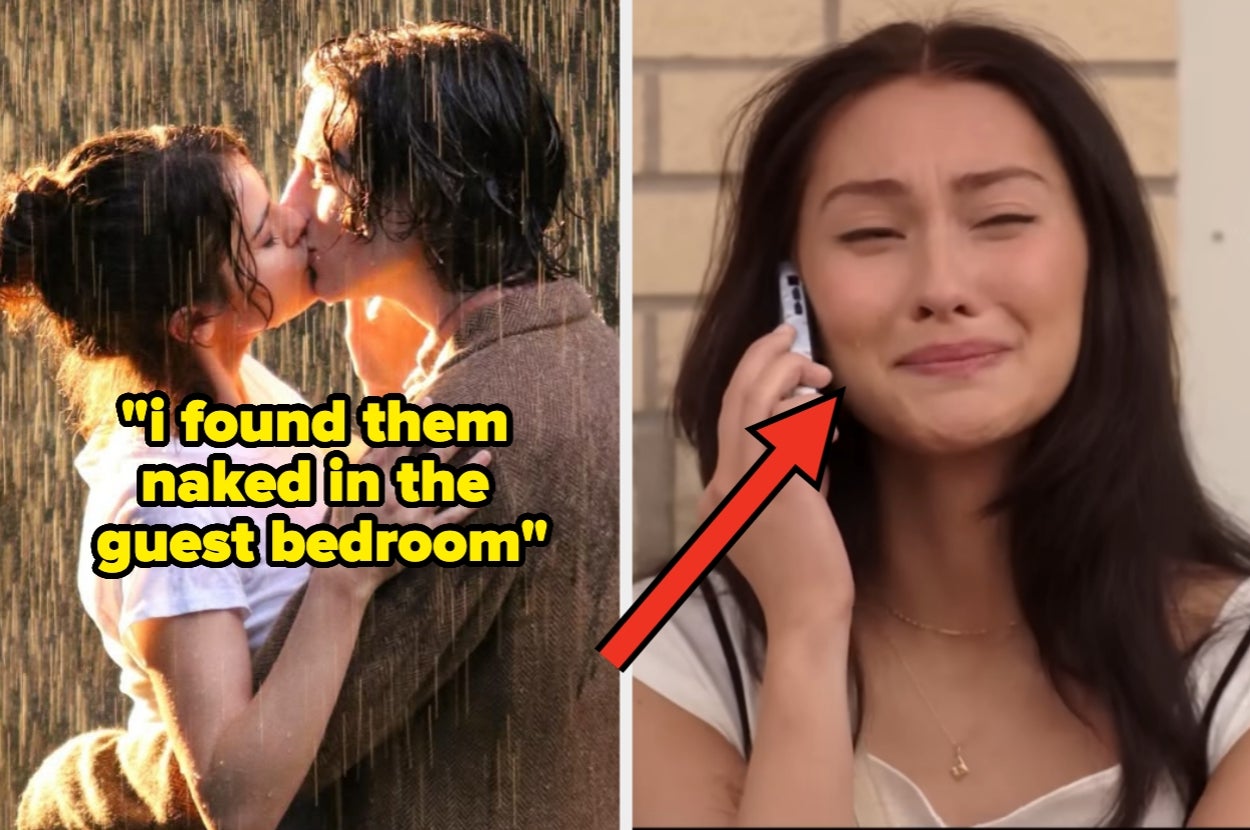 Side-by-side: Couple kisses in rain. Woman tearfully on phone next to text: "I found them naked in the guest bedroom."