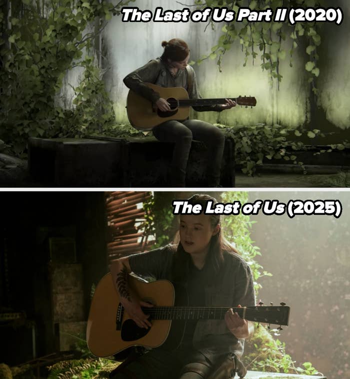 Two images comparing scenes from "The Last of Us Part II" (2020) and "The Last of Us" (2023); some diagnostic a quality playing guitar