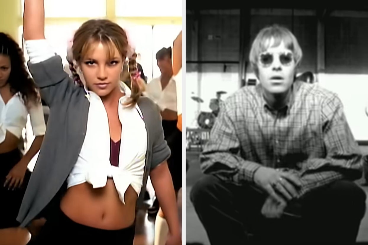 Two music video scenes: on the left, Britney Spears in "One More Time"; on the right, Oasis in "Wonderwall"