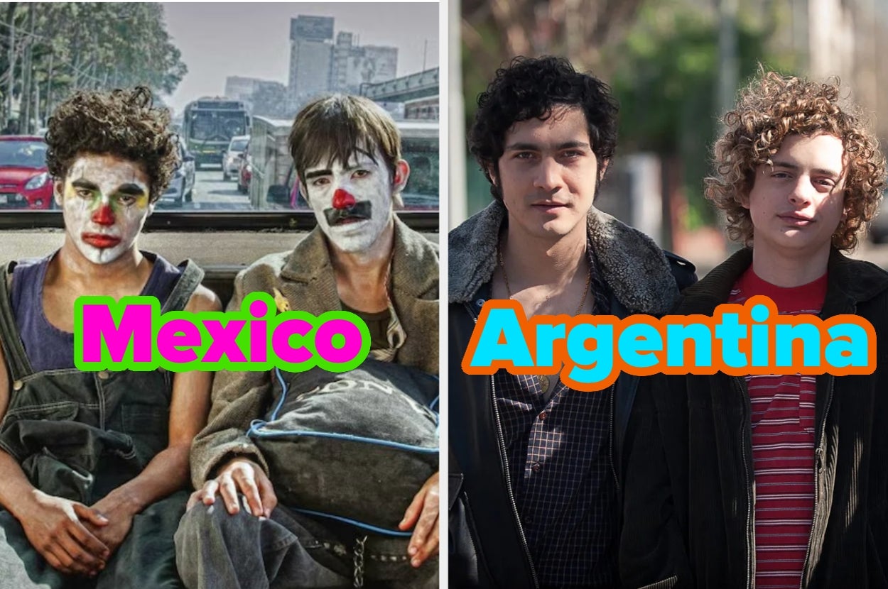 Imagen dividida en dos partes: la izquierda muestra a dos personas con caras pintadas en un autobús etiquetadas como "México"; la derecha tiene dos personas caminando etiquetadas como "Argentina"
