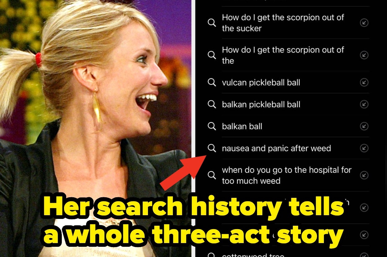 A surprised woman with a ponytail next to a humorous search history including scorpion and pickleball queries, with the caption about a "three-act story."