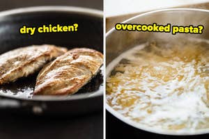Pan-seared chicken breasts on the left; pasta boiling in a pot on the right. Text asks about dryness and overcooking