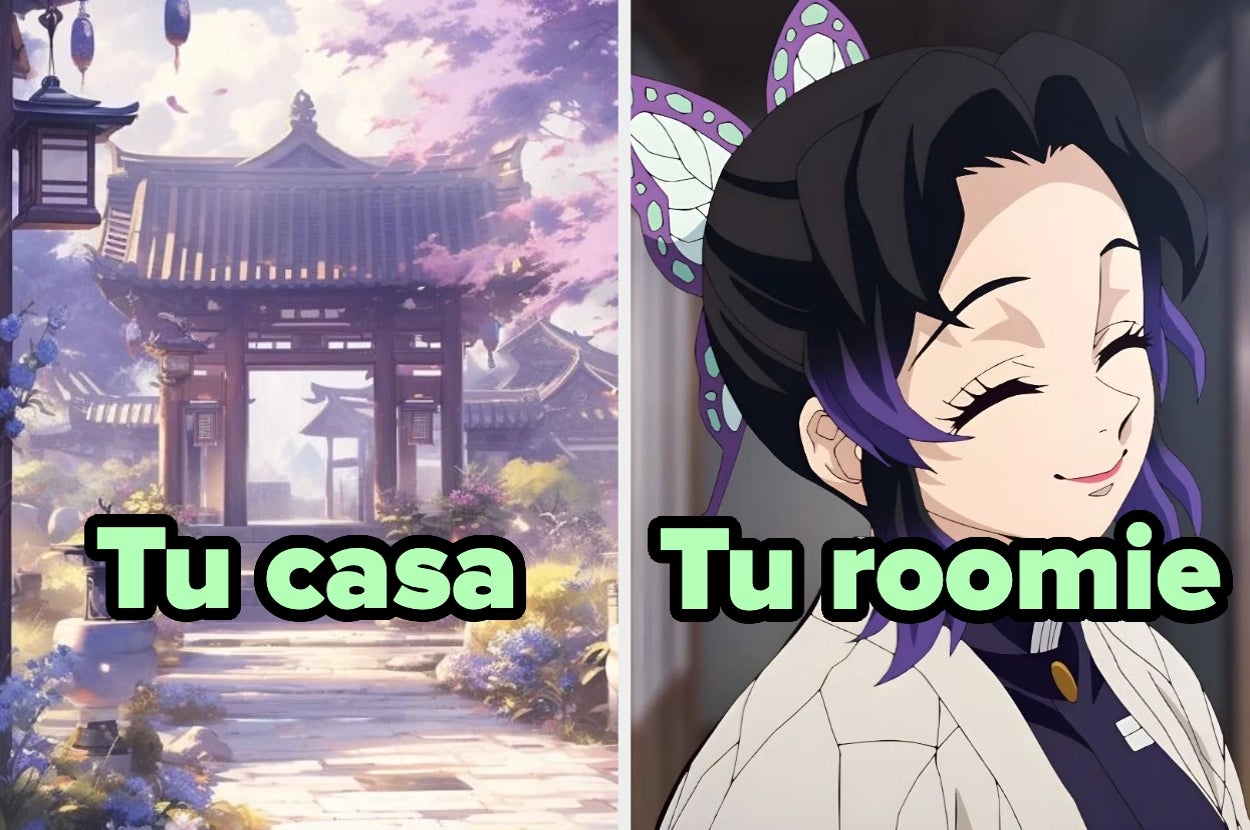 Montaje humorístico que compara una casa tradicional con un personaje de anime sonriente. Texto: "Tu casa" y "Tu roomie"