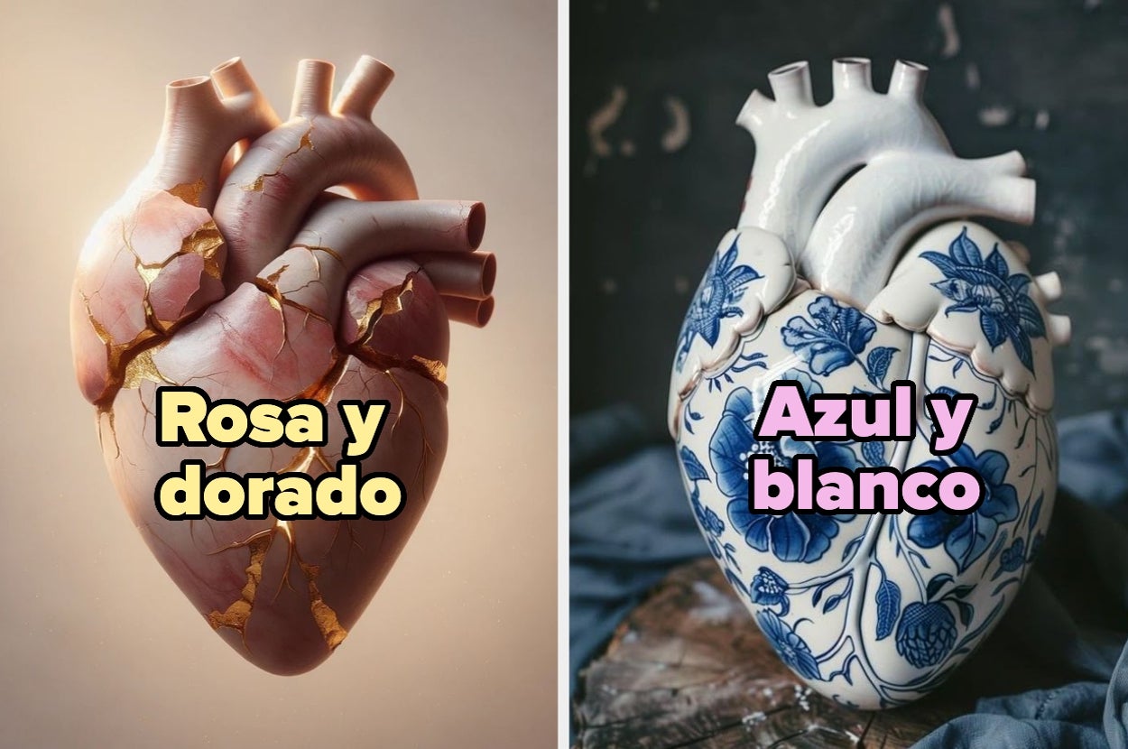 Two artistic heart sculptures: one with gold cracks and text "Rosa y dorado," the other with blue floral patterns and text "Azul y blanco."