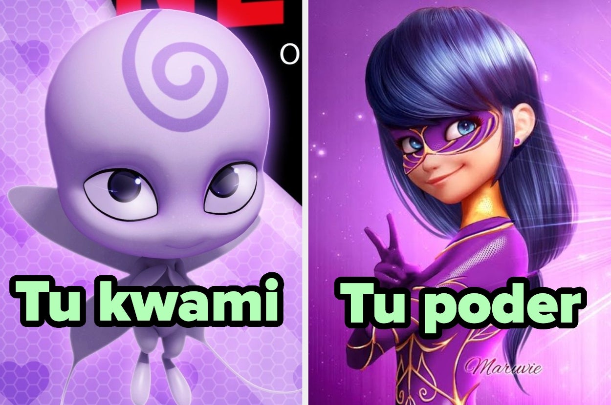 Personajes animados de una serie. Uno es un ser pequeño con forma de criatura, y el otro es una heroína en un traje con antifaz. Texto: "Tu kwami, Tu poder"