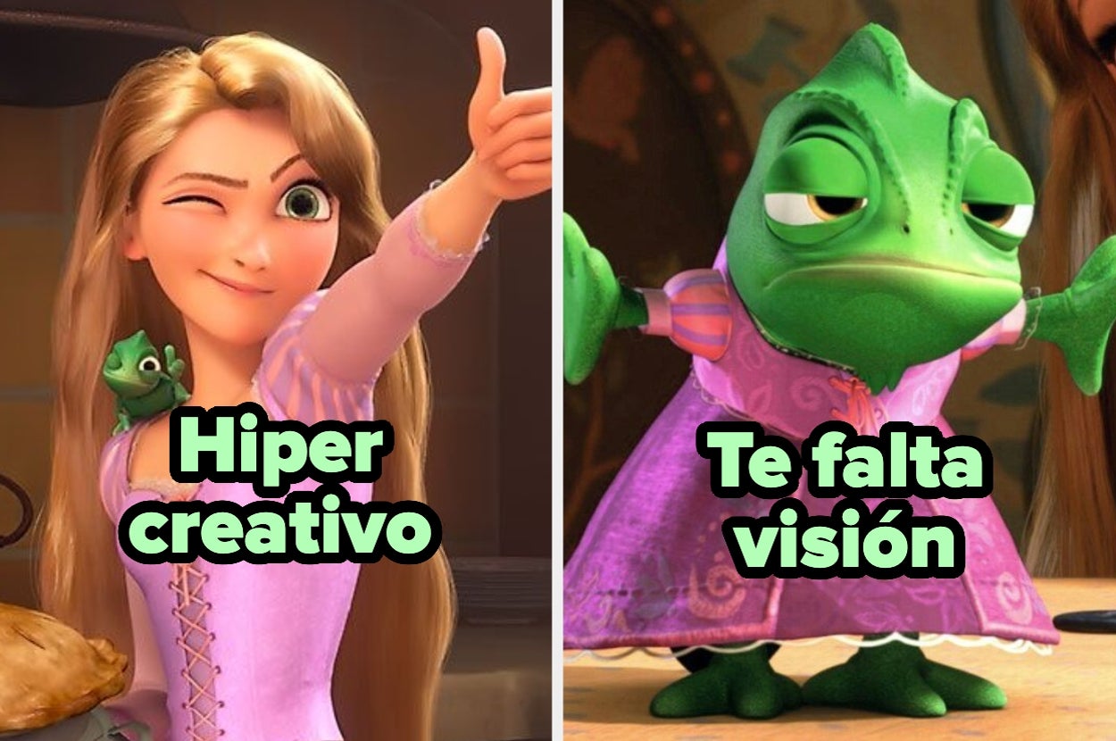 Rapunzel guiña con Pascal en el hombro y texto "Hiper creativo". Pascal luce vestido, gesto serio, texto "Te falta visión"