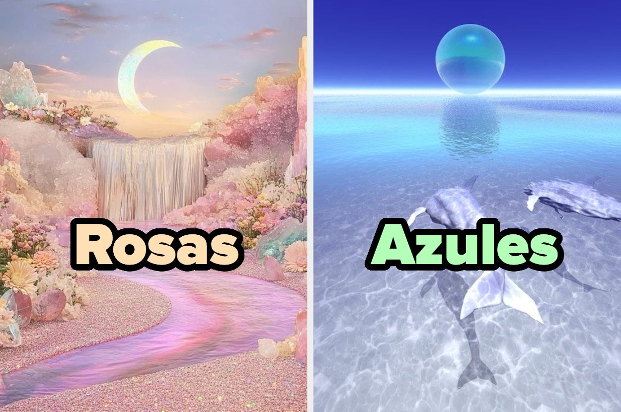 Imagen dividida: a la izquierda, un paisaje onírico con un arco lunar; a la derecha, delfines bajo una esfera sobre el agua, con las palabras "Rosas" y "Azules"