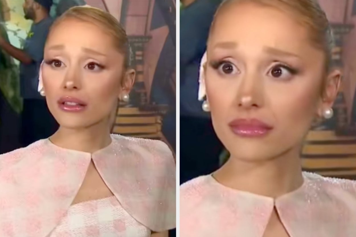 Ariana Grande in a glamorous cape-style outfit appears surprised in two close-up shots