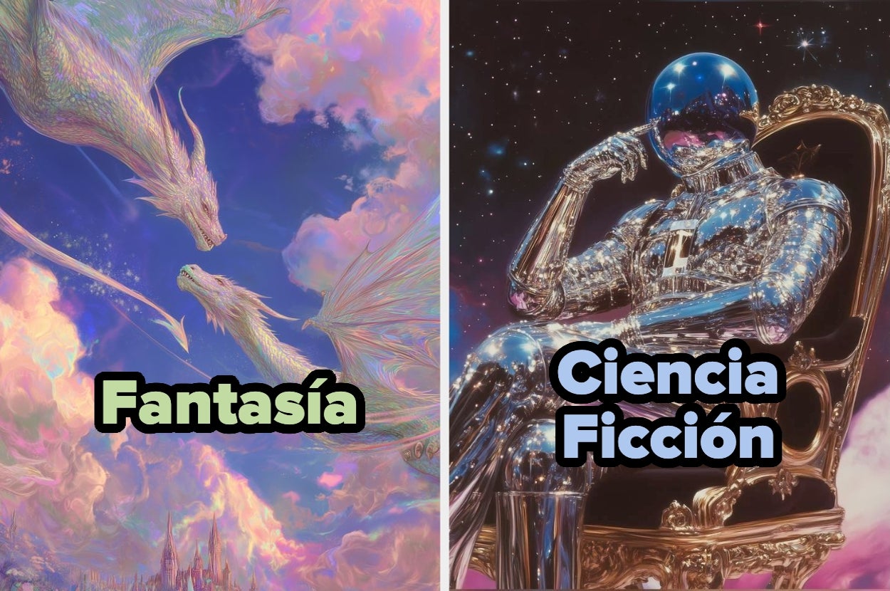 On the left, two dragons in a fantasy setting; on the right, a reflective sci-fi figure on a throne. Text reads "Fantasía" and "Ciencia Ficción"