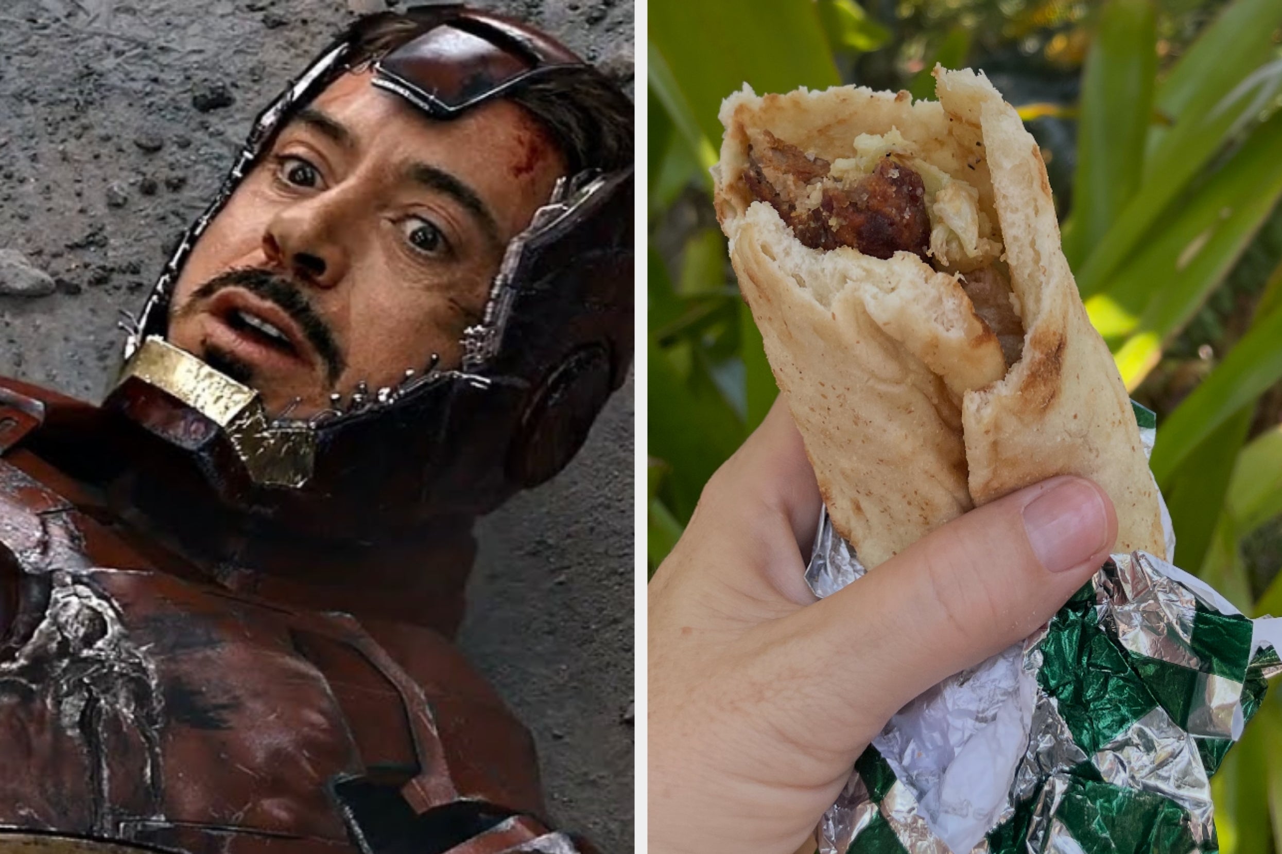Left: Person in a damaged armored suit looks surprised. Right: Hand holding a stuffed pita in foil
