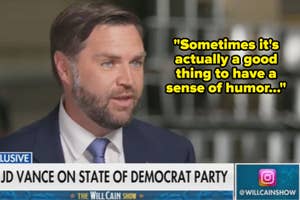 JD Vance appears on "The Will Cain Show" discussing the state of the Democratic Party, with a quote about the value of humor displayed