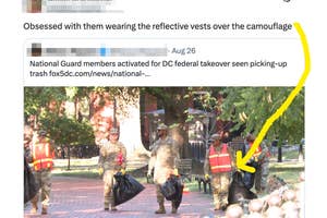 National Guard members in camouflage and reflective vests pick up trash in a park, as highlighted in a social media post screenshot