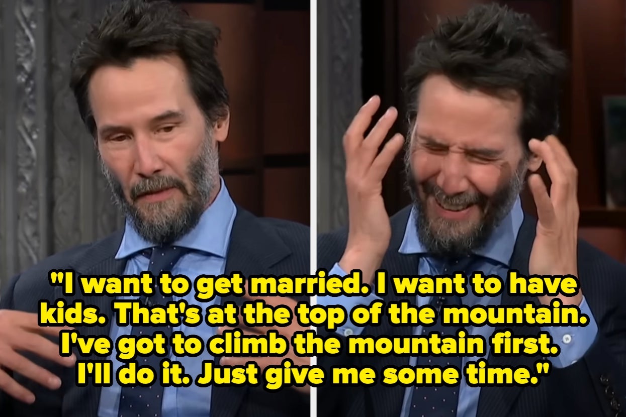Two images of a bearded man in a suit, looking serious in one and laughing in the other, with a quote about wanting to marry and have kids
