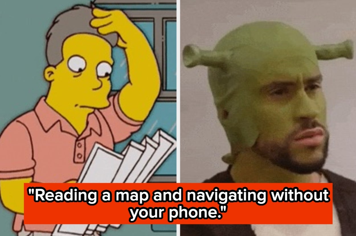 Simpsons character struggles with a map; person frowns with a Shrek-like mask. Caption: "Reading a map and navigating without your phone."