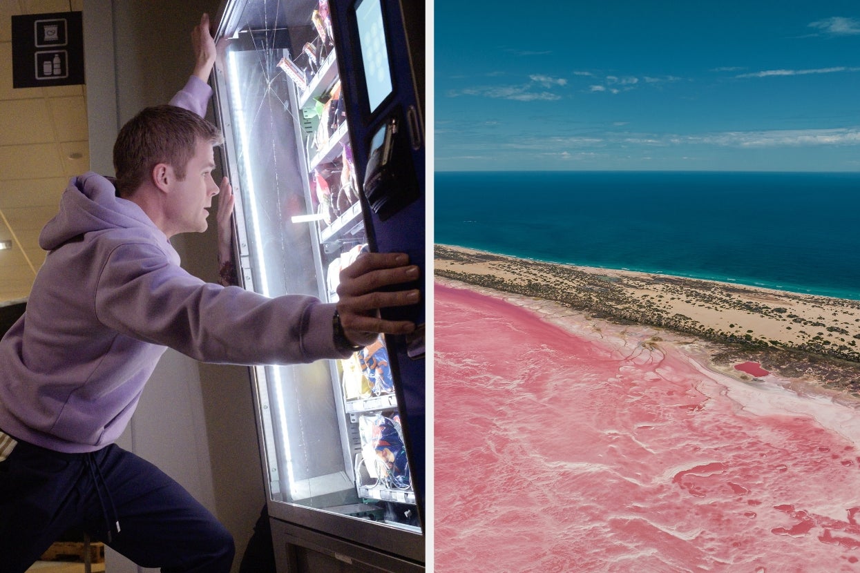 Left: Owen Patrick Joyner in "Final Destination Bloodlines" leaning on a bright vending machine. Right: Aerial view of a coastline with strikingly colored water and beach