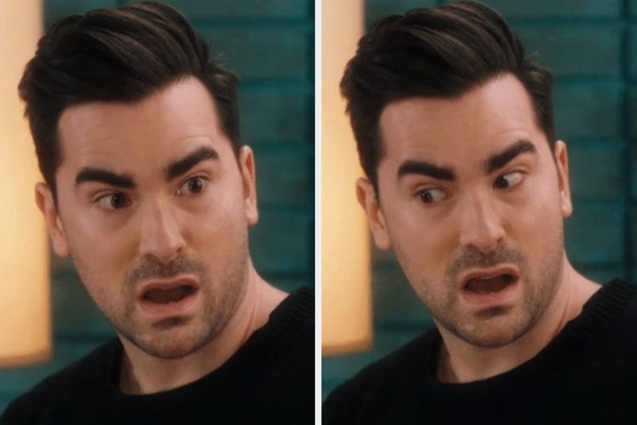 Person making a surprised and confused facial expression, shown in two side-by-side images