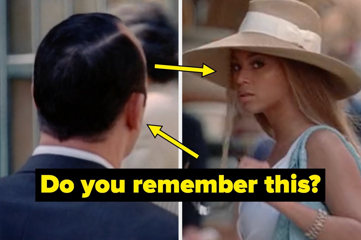 A person in a suit looks back at another person wearing a wide-brimmed hat and stylish outfit. Text reads, "Do you remember this?"