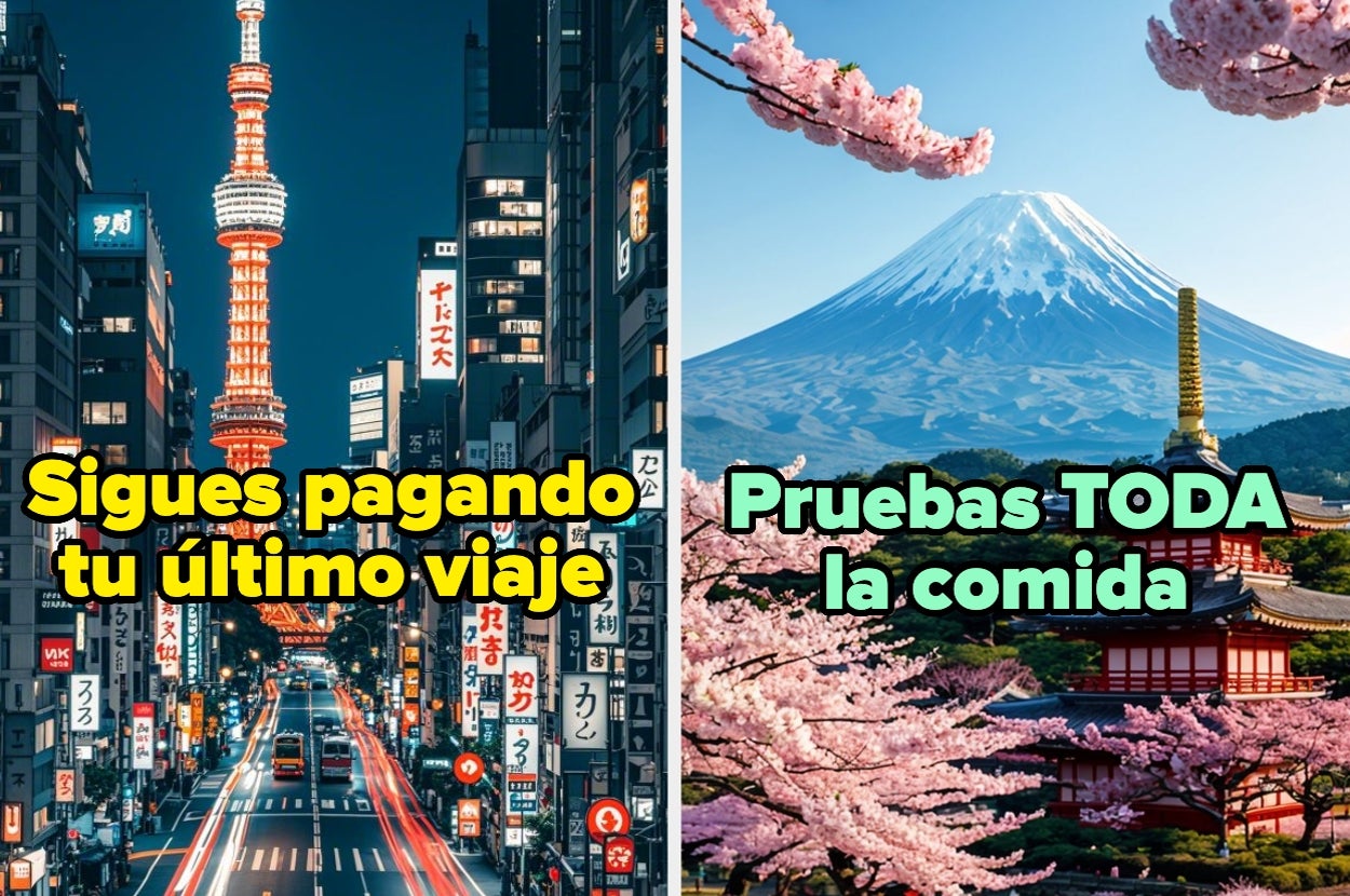 Montaje de dos imágenes: ciudad iluminada con texto "Sigues pagando tu último viaje" y paisaje japonés con texto "Pruebas TODA la comida"