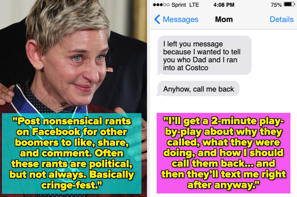 Two humorous text exchanges: one mocks boomer rants on Facebook, the other comments on detailed parental voicemail habits