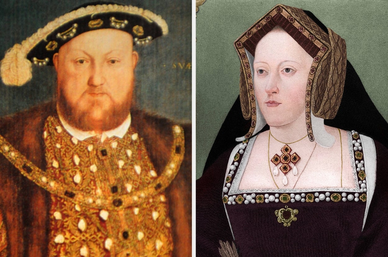 Two historical portraits: On the left, a man in ornate clothing with a hat; on the right, a woman in a detailed gown with a headpiece
