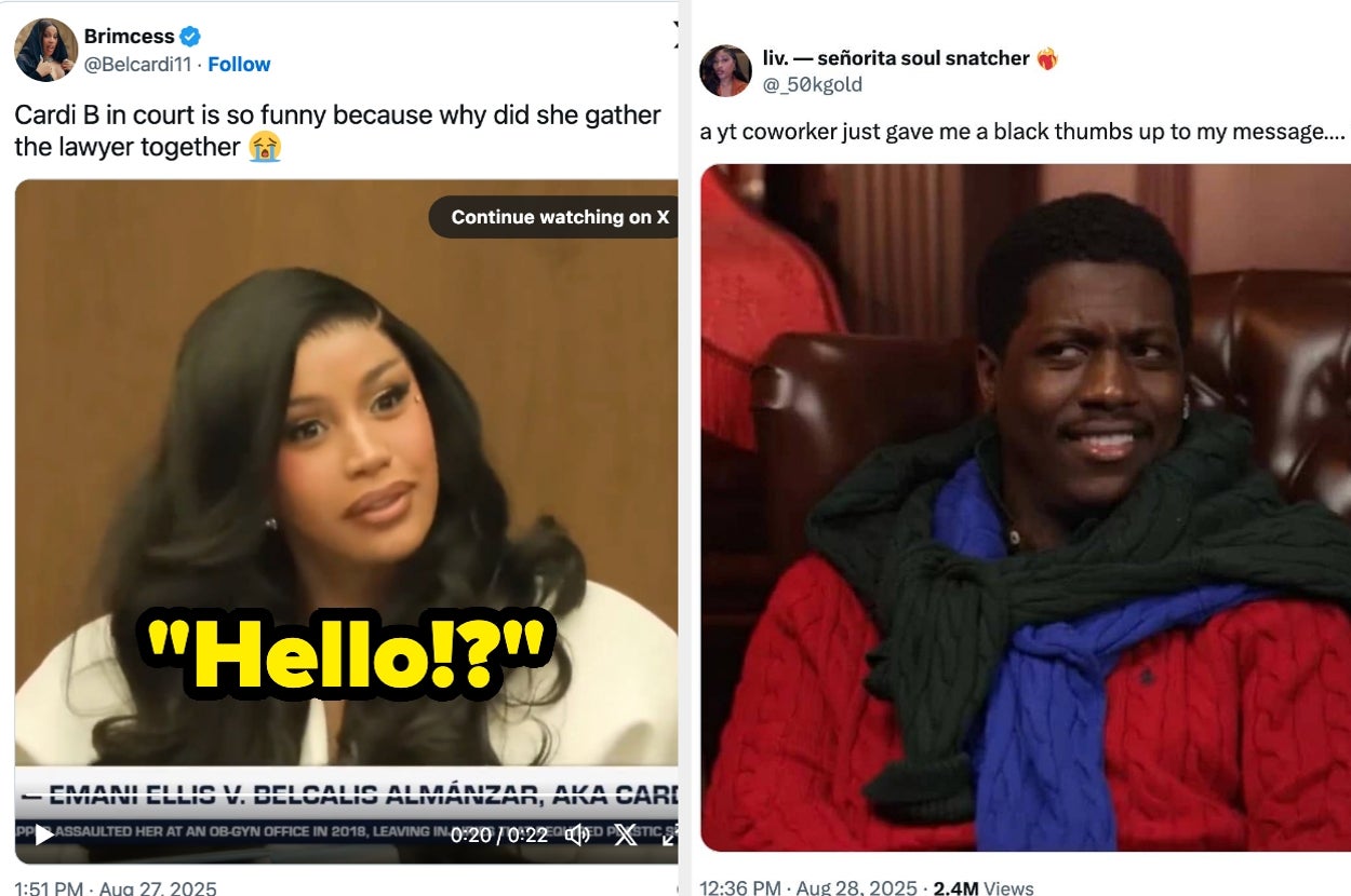 Two-panel meme: Left shows a court scene with "Hello!?" text, right shows a confused reaction to a text