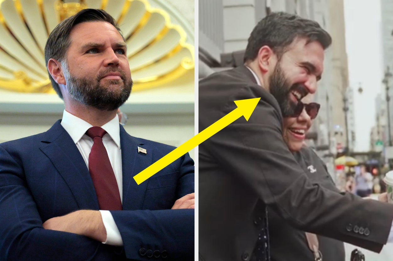 A man in a suit stands confidently indoors. Another man in a suit helps a woman on a busy street