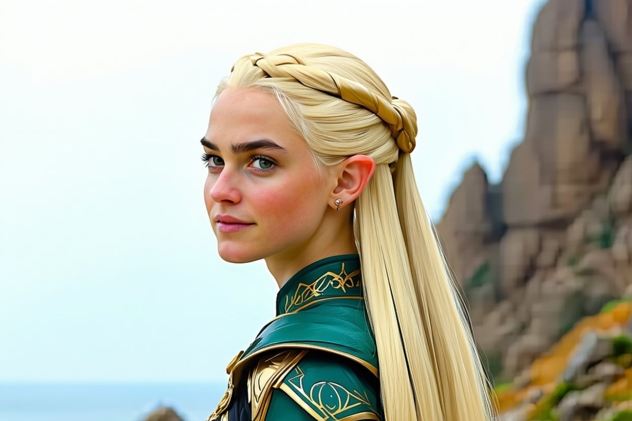 Person with long braided hair in an intricate green costume looks over their shoulder against a rocky landscape