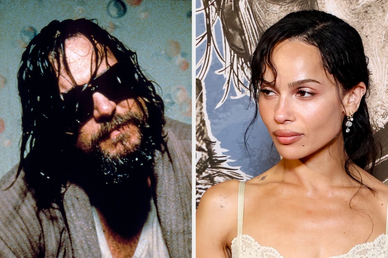 Two images: Left, a bearded man with sunglasses and wet hair. Right, a woman at an event wearing an elegant lace-trimmed dress
