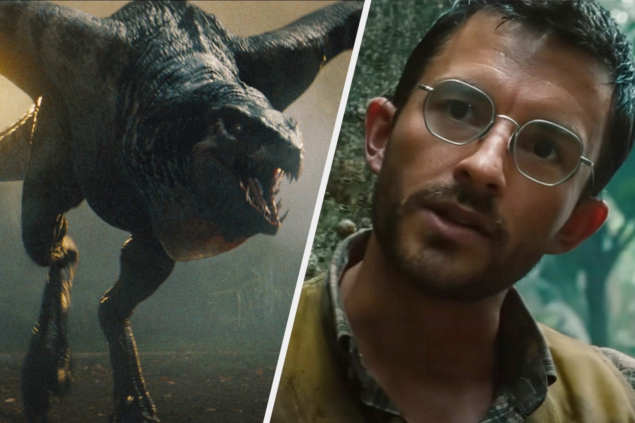 A terrifying dinosaur roars on the left; on the right, Jonathan Bailey wearing round glasses looks surprised