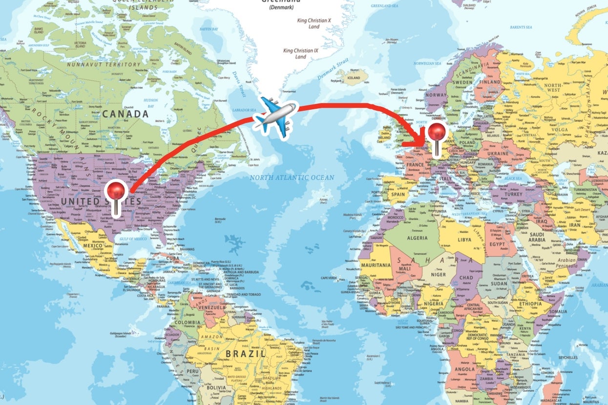 Map showing a flight path with a plane icon traveling from the United States to Europe