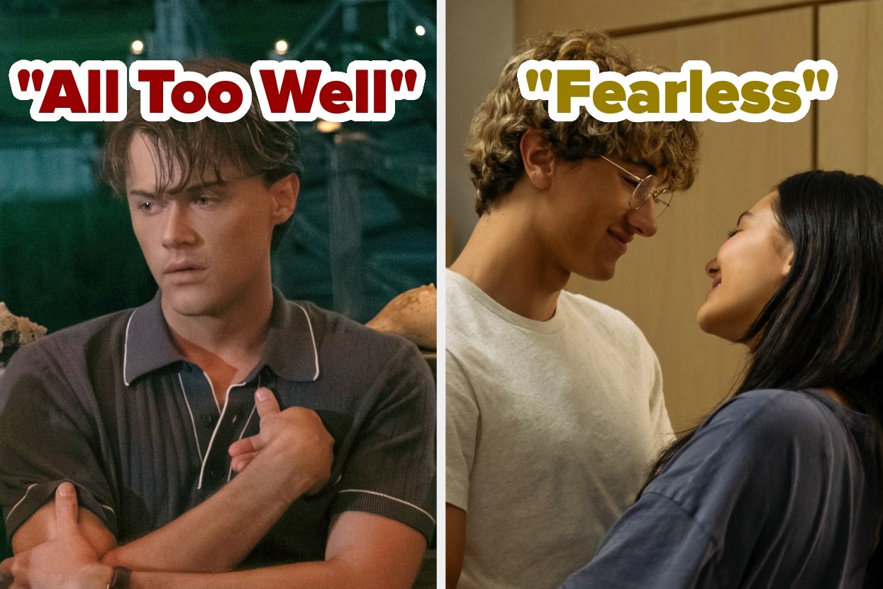 Split image: Left, Conrad looking sad; right, Jeremiah and Belly smiling at each other closely. Text: "All Too Well" and "Fearless."