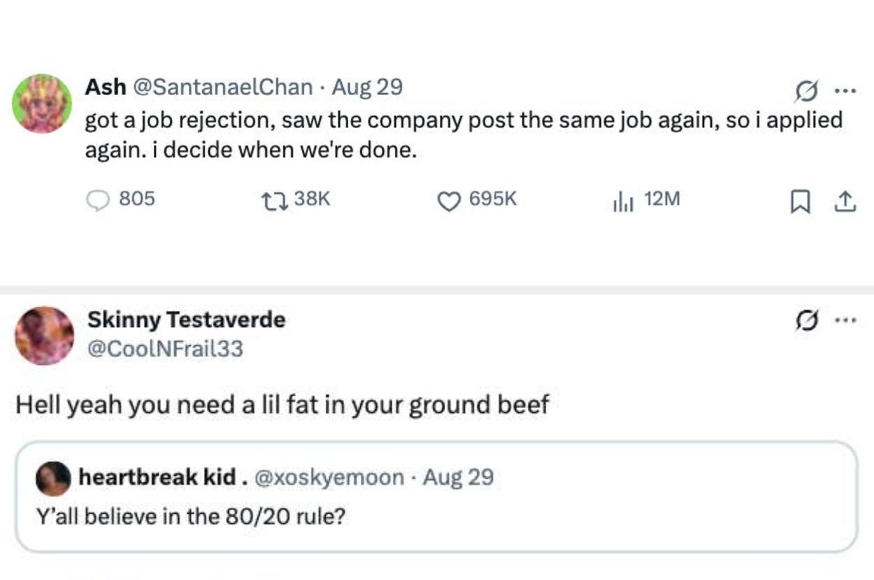 Tweet about a person who reapplied for a job after rejection vs a funny tweet about fat content in ground beef