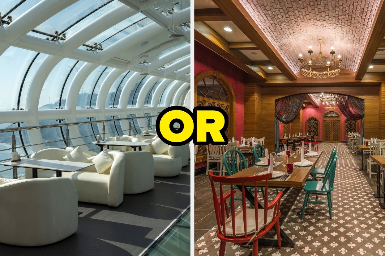 Left: Modern dining area with curved glass windows overlooking a cityscape. Right: Traditional restaurant with ornate decor and colorful chairs. "OR" in center