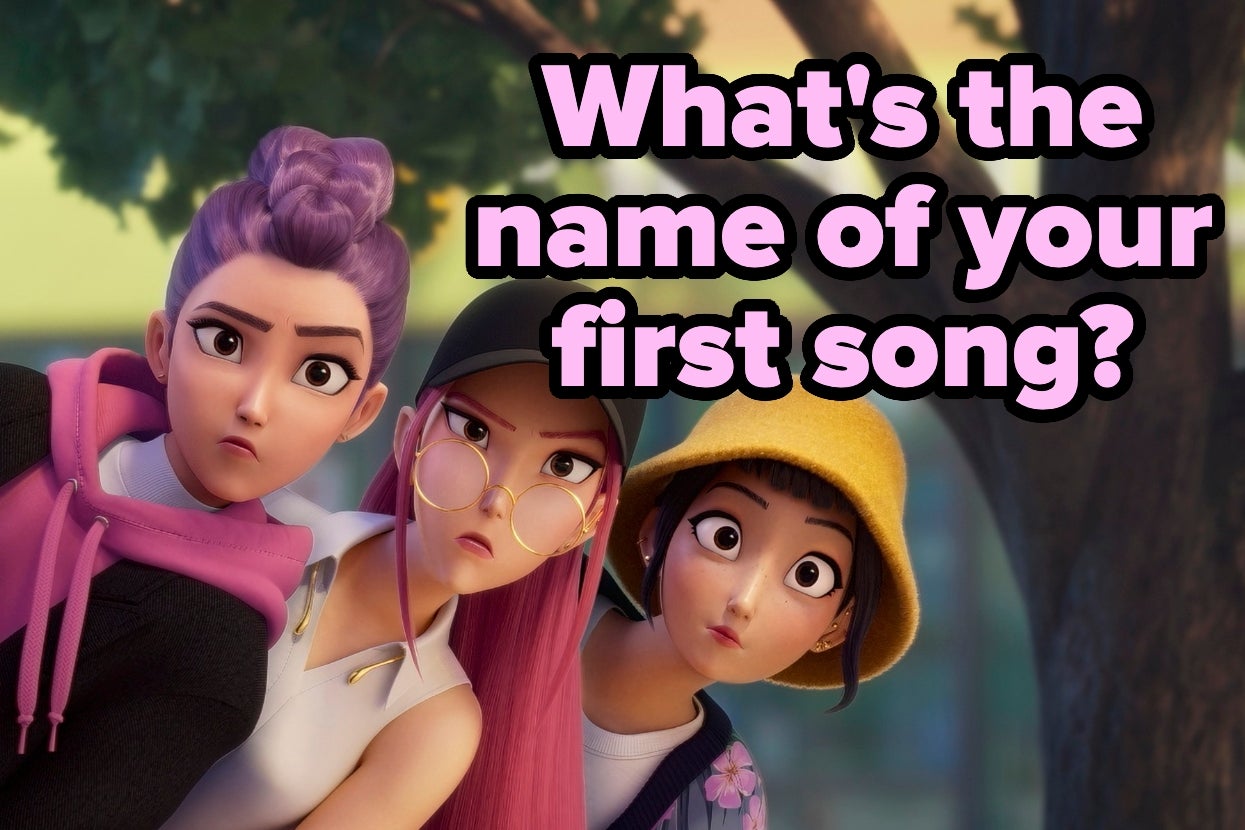 Rumi, Mira, and Zoey looking curious with the question "What's the name of your first song?" on the image