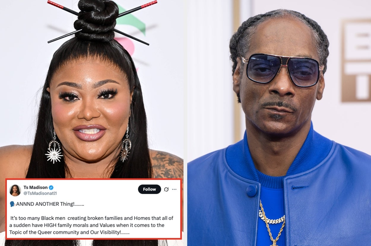 Left: Person with long, styled hair and bold makeup. Right: Person in blue jacket and sunglasses. Text discusses family morals and queer visibility