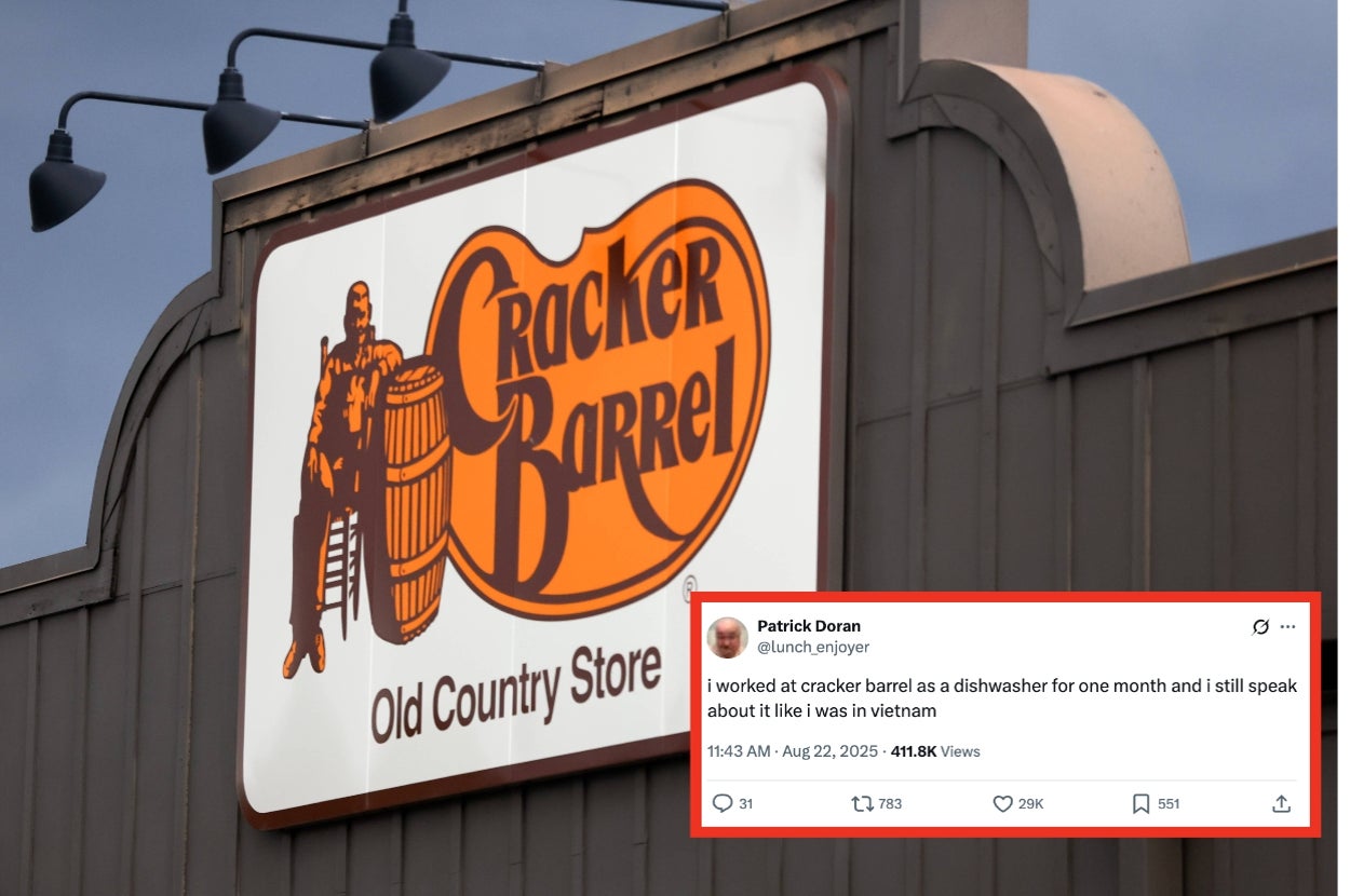 Cracker Barrel store sign alongside a funny tweet about a person's experience working there