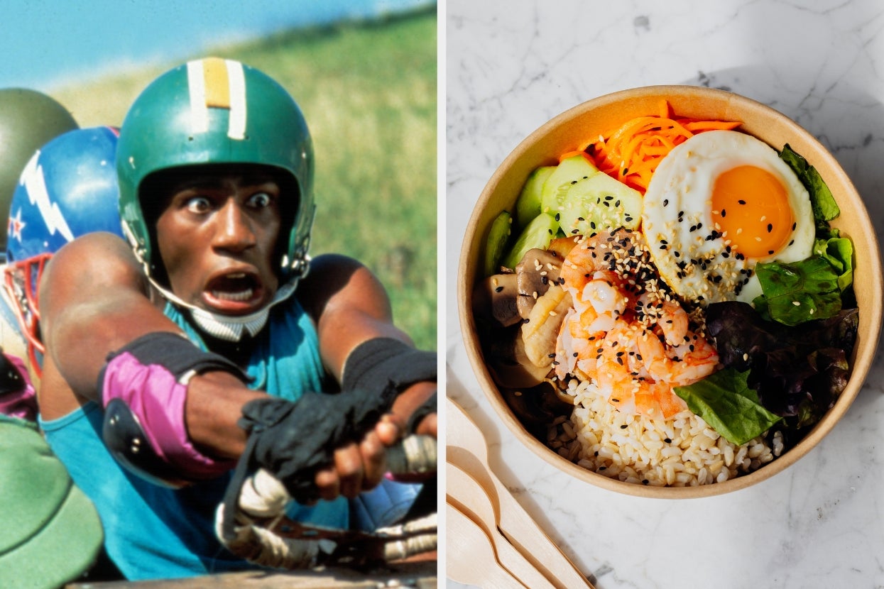 Left side: "Cool Runnings" scene with Leon in a helmet, wide-eyed, pulling hard. Right side: Bowl with rice, shrimp, veggies, runny egg, and sesame seeds