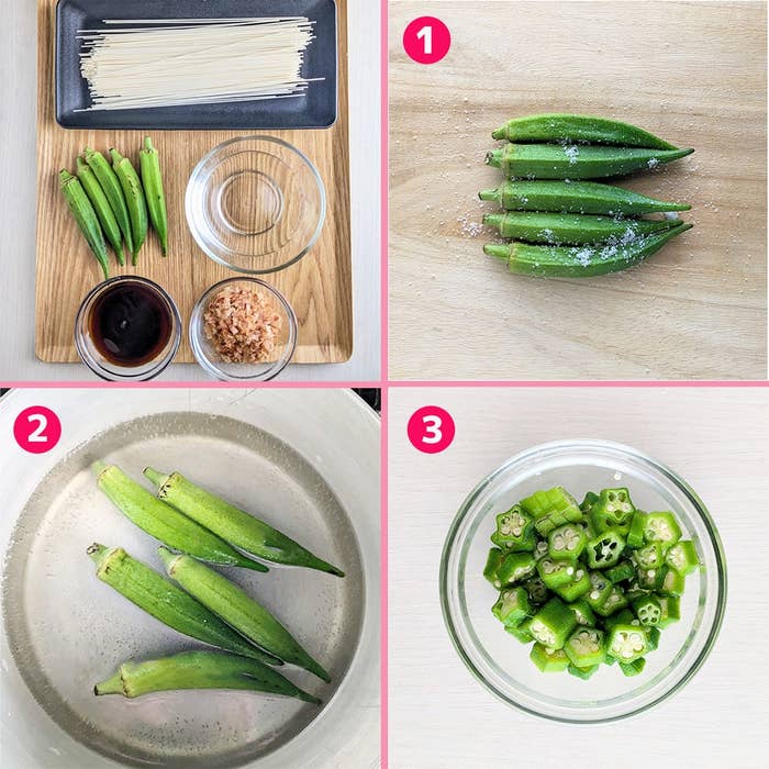 調理されたオクラの手順:1. オクラに塩をふる、2. ゆでる、3. 輪切りにする。隣に麺などの材料の準備がある。
