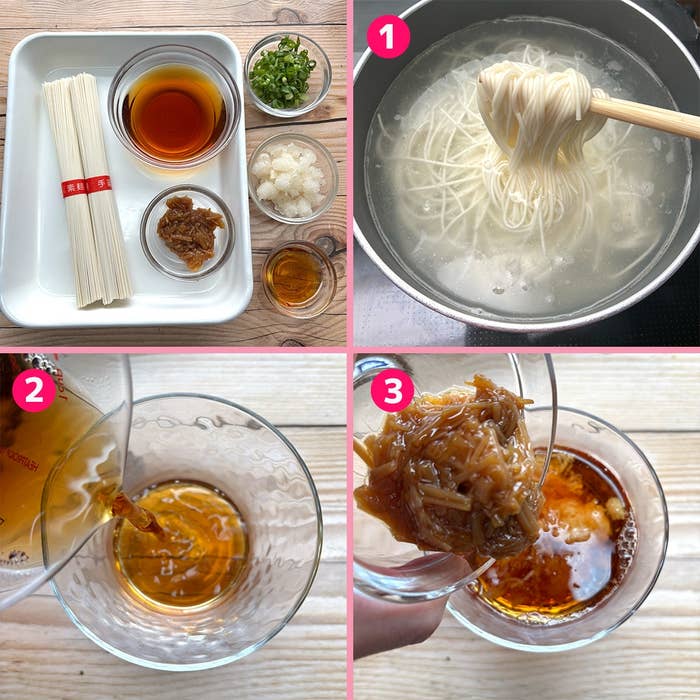 そうめんの調理過程。1. そうめんを茹でる。2. タレを作る。3. そうめんにタレをかける。