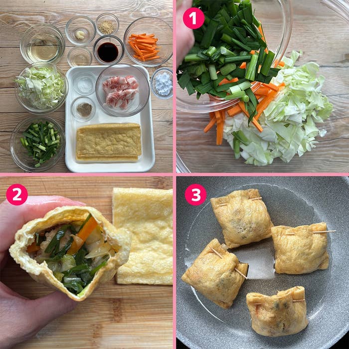 野菜と豚肉を油揚げで巻いて焼く簡単な料理の手順を示す写真。