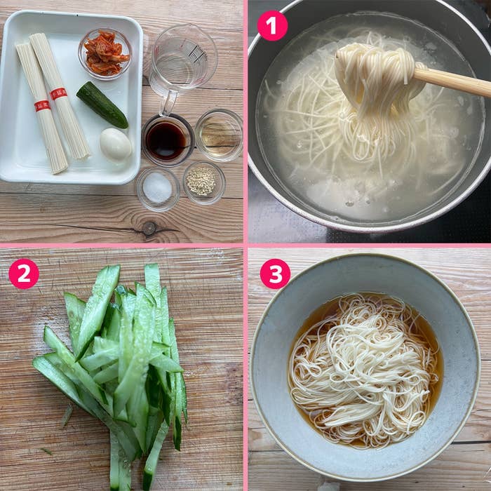 そうめんの調理手順。そうめんを茹で、水切りしたきゅうりを切り、そうめんをだしにつける。