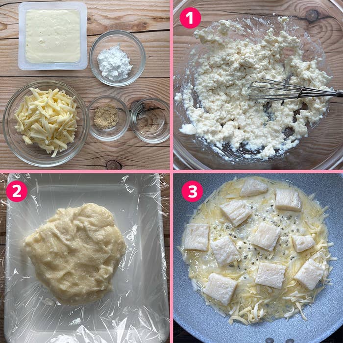 4段階で作るチーズ料理の手順。材料を混ぜ、冷やし、フライパンで焼く過程が示されています。